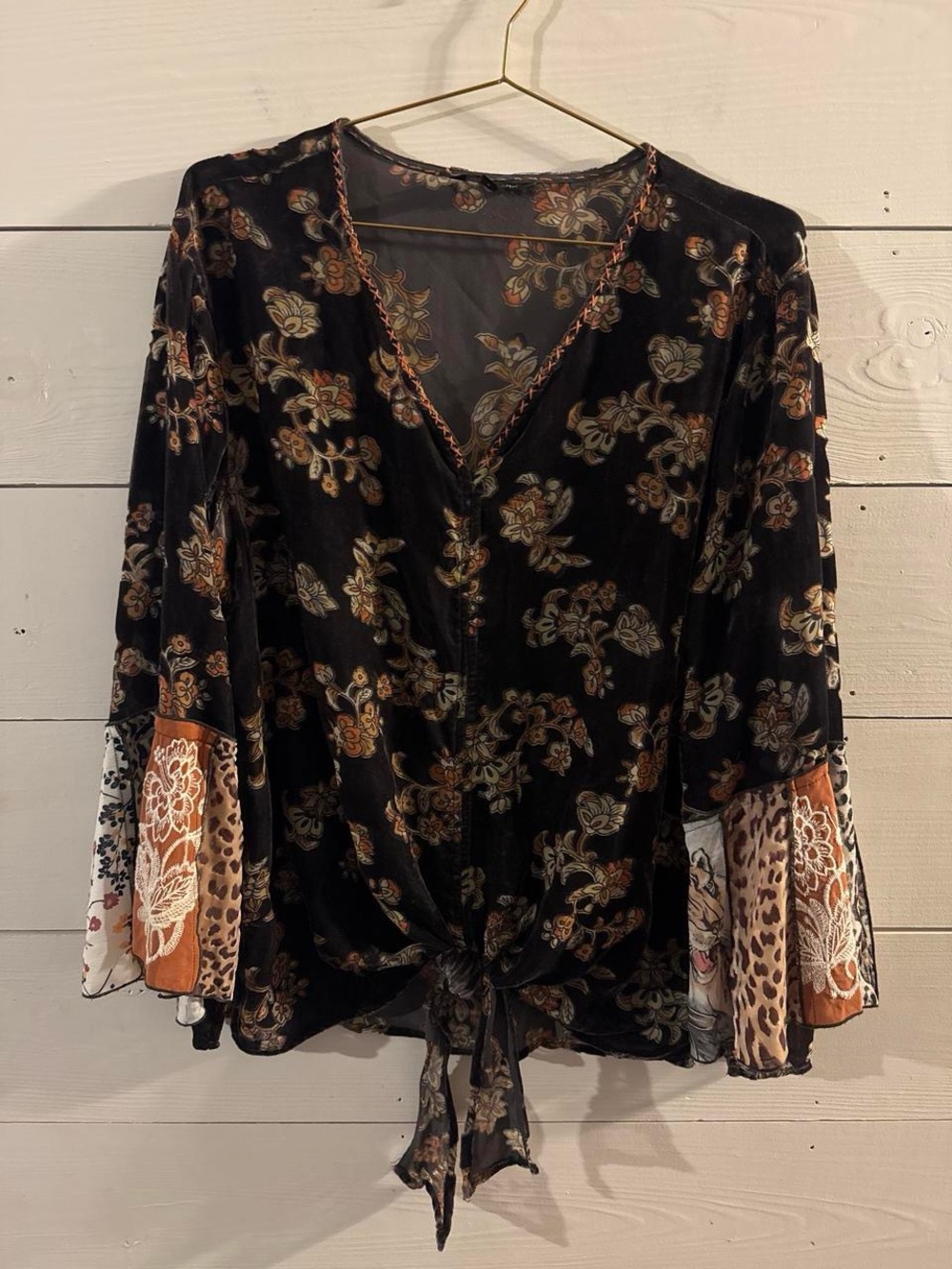 Boho Floral Black Tie-Front Blouse